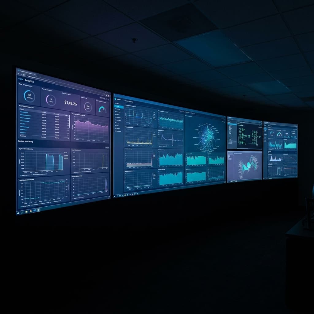 AI analytics dashboards on monitor wall