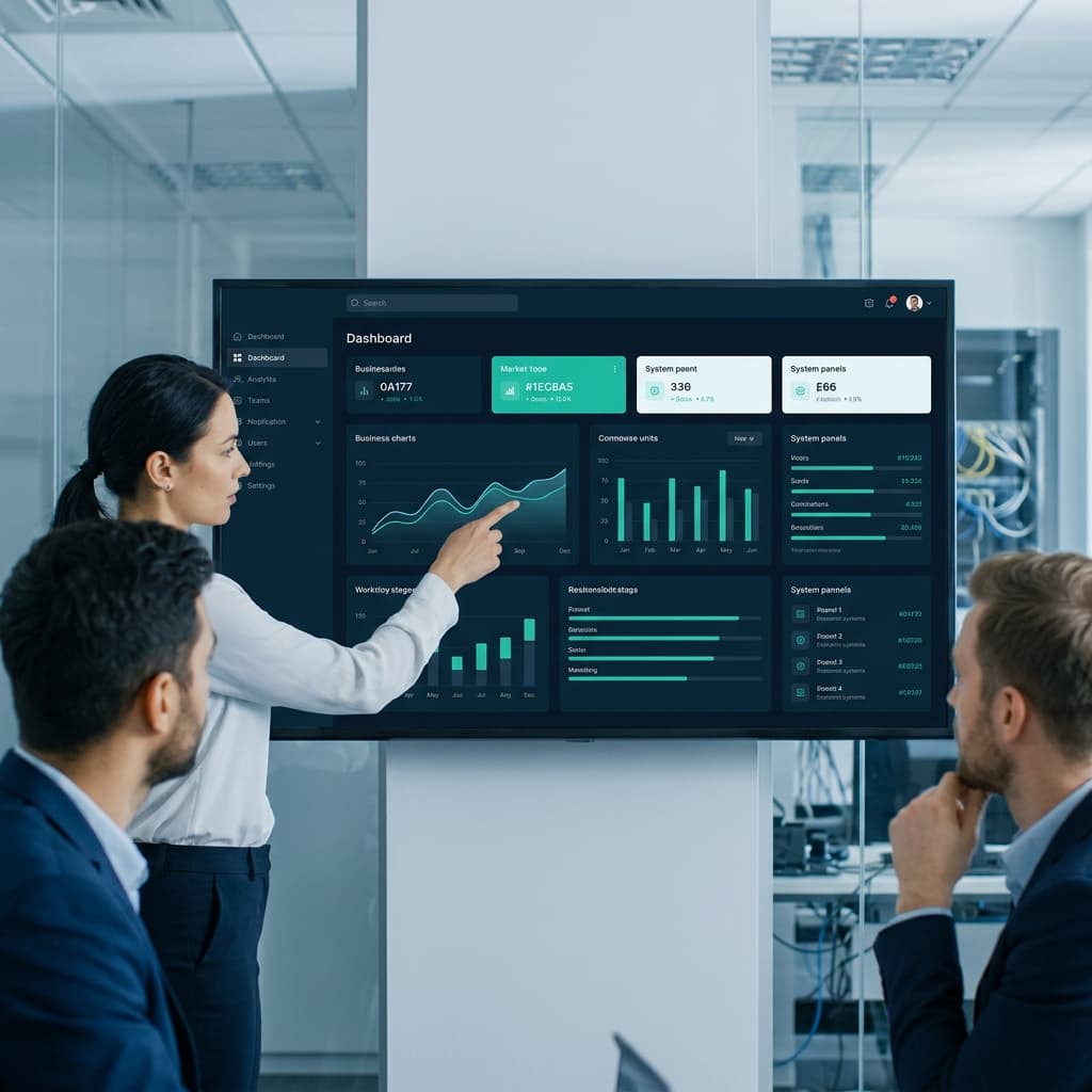 Team reviewing software dashboard