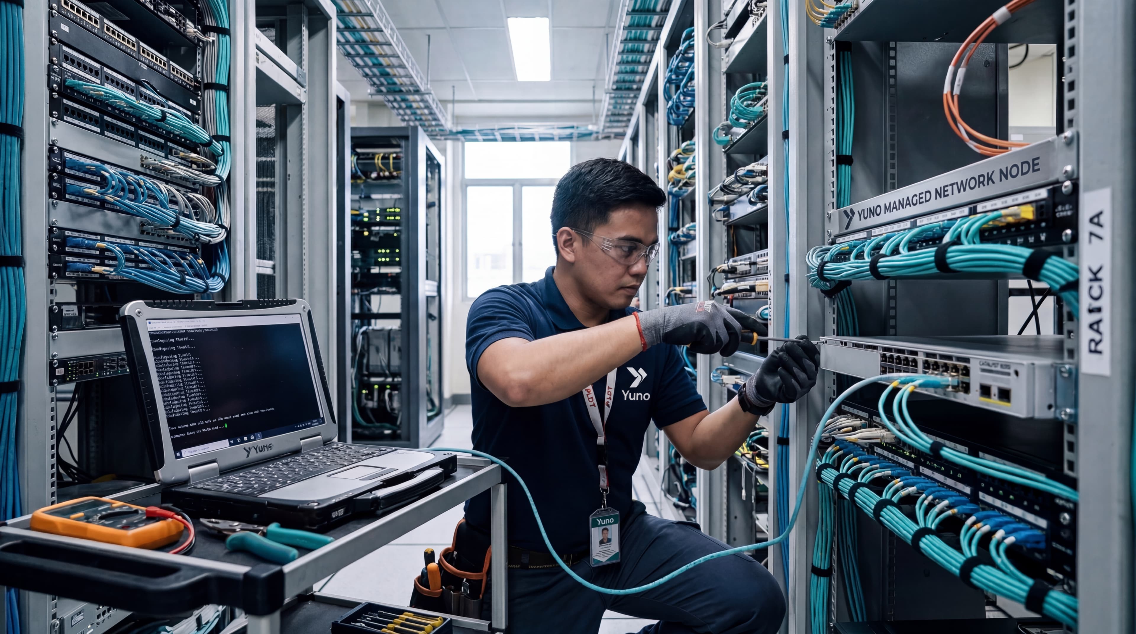 YUNO field engineer configuring a managed network node on-site