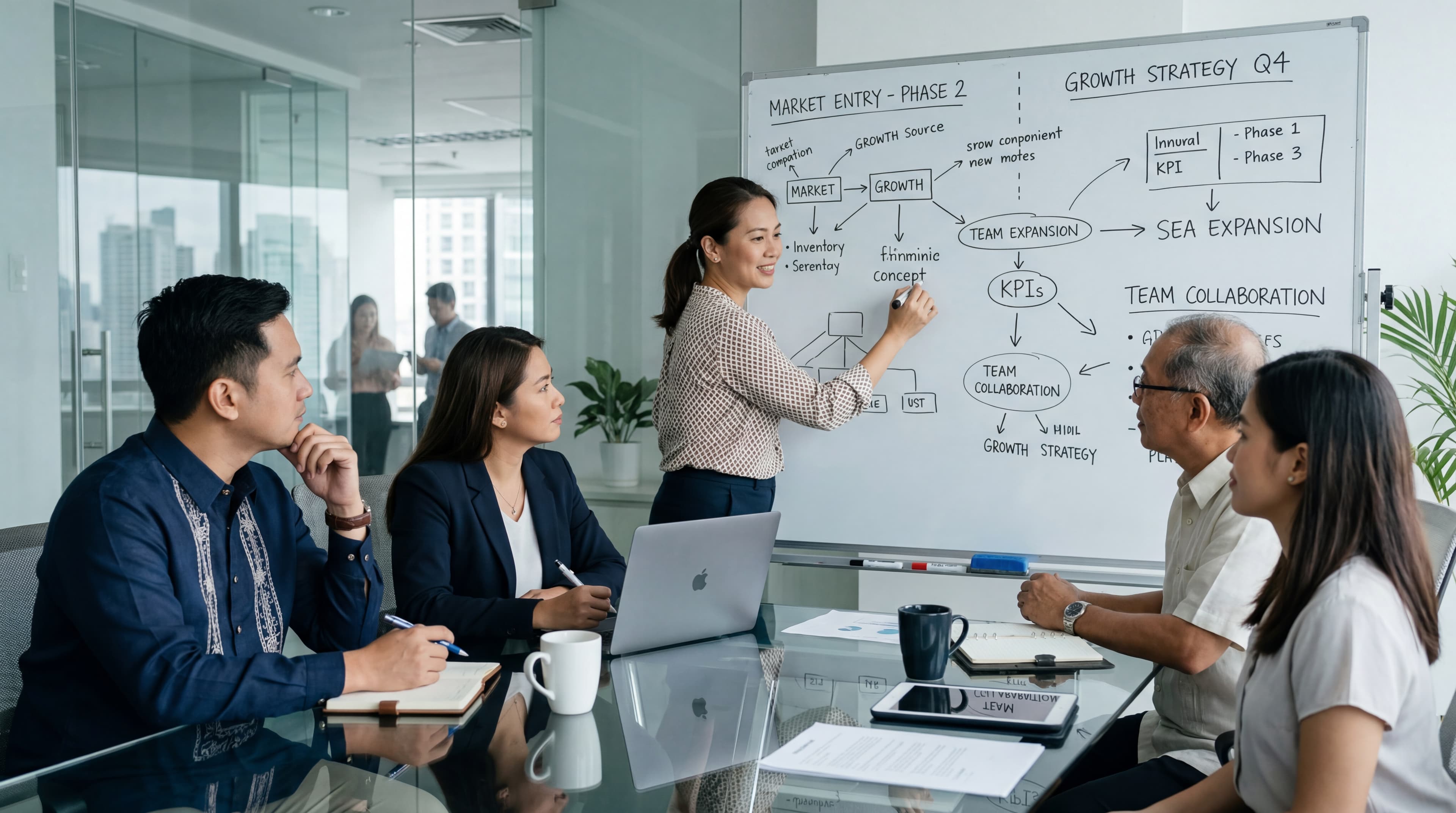YUNO team collaborating in a boardroom strategy session