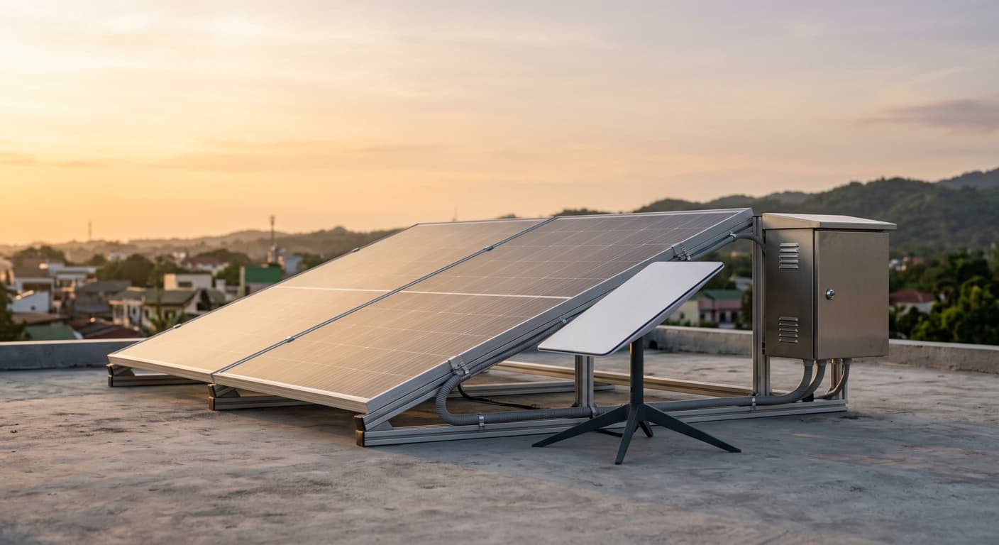 Solar power and Starlink satellite connectivity on a rooftop installation