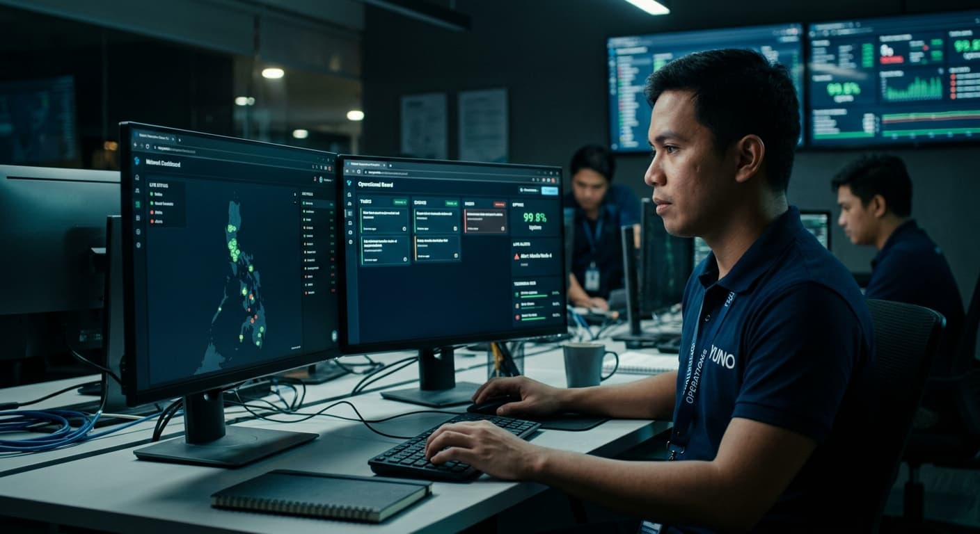 YUNO operations staff monitoring network dashboards in the operations center